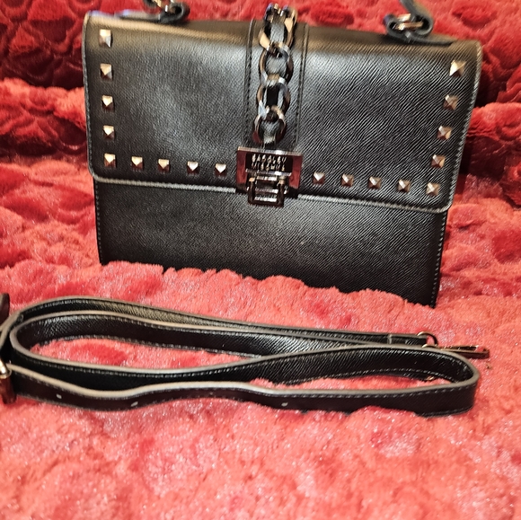Badgley Mischka Vegan Leather Black Studded Chain Textured Top Single Handle Bag - Picture 11 of 15